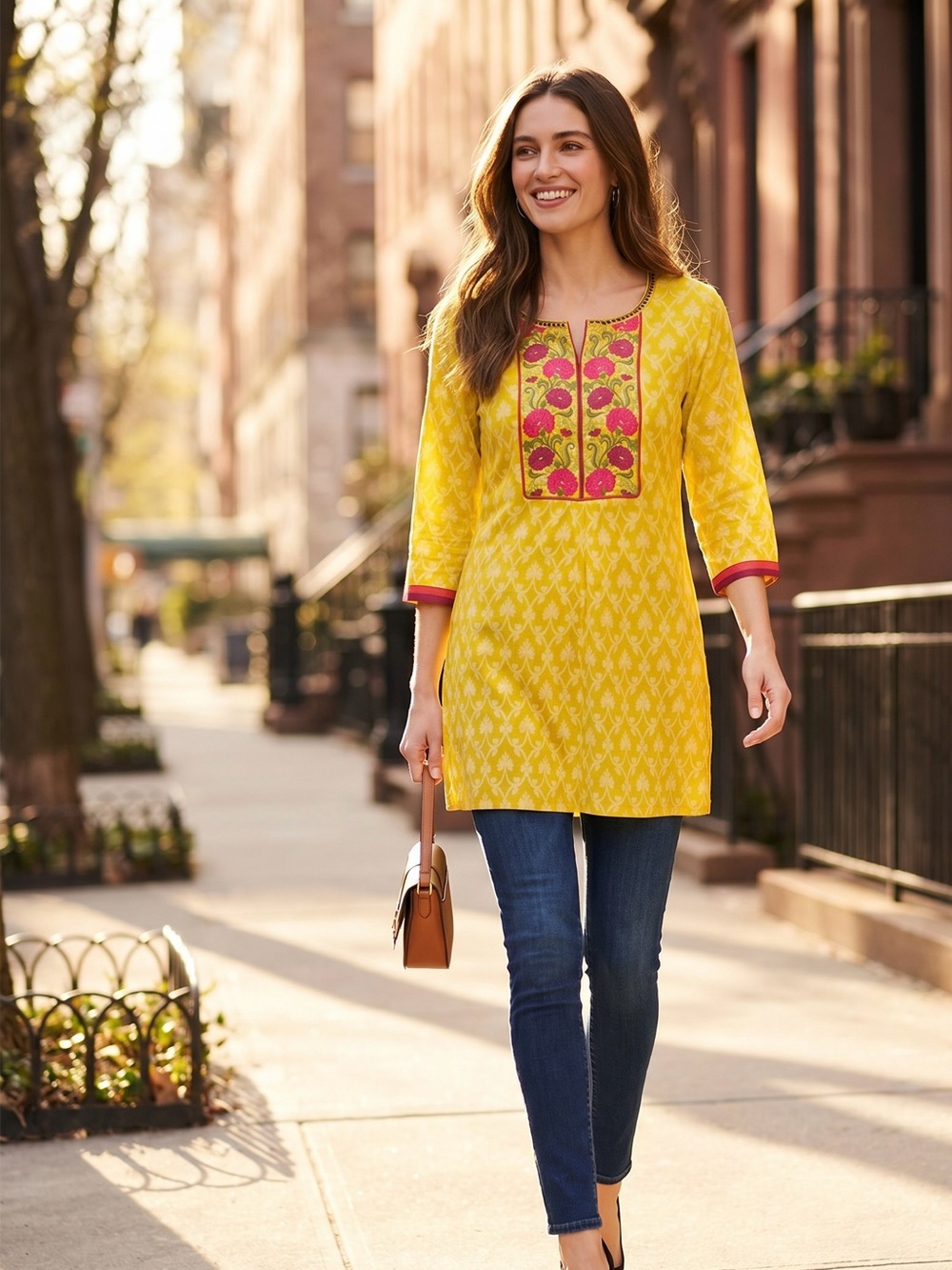 Cotton Yellow Floral Embroidered Women’s Kurta